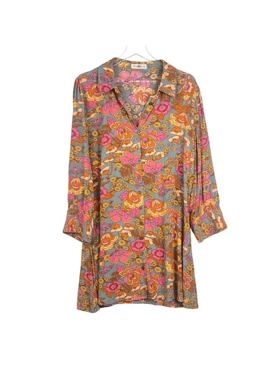 Natural Life Twiggy Vibrant Floral Button-Up Tunic Shirt Dress Pink & Mustard - Picture 9 of 14